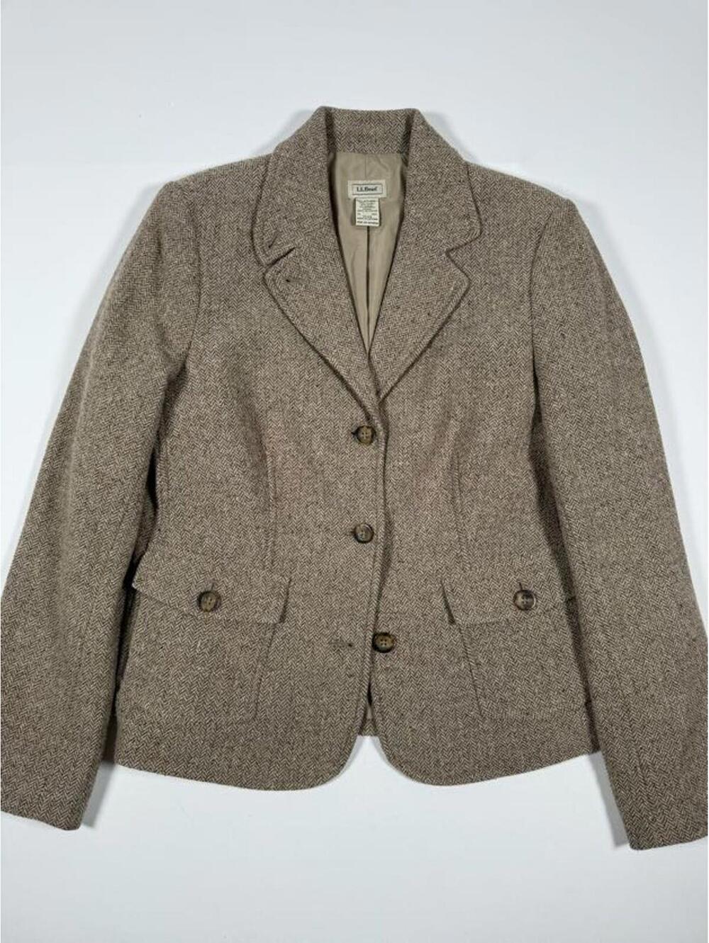 L.L.Bean Women's Brown Herringbone Wool Blazer Jacket Medium